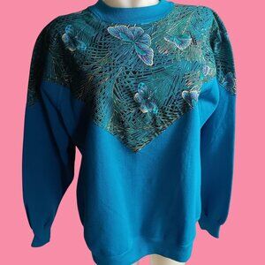Vintage Women's Sweatshirt Large Hanes Teal Butterfly Print Large 1990's Granny